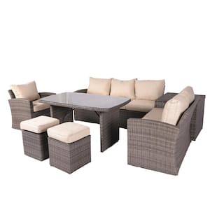 Hermione 7-Piece Wicker Outdoor Sofa Set with Beige Cushions and Ottomans