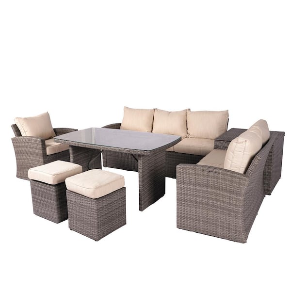 DIRECT WICKER Hermione 7-Piece Wicker Outdoor Sofa Set with Beige Cushions and Ottomans