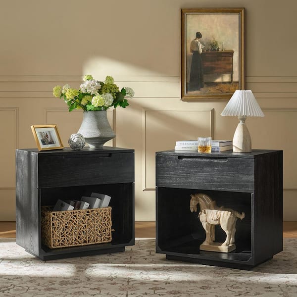 JAYDEN CREATION Clare Charcoal 1-Drawer 23.5 in. W Nightstand with Charging Station Set of 2