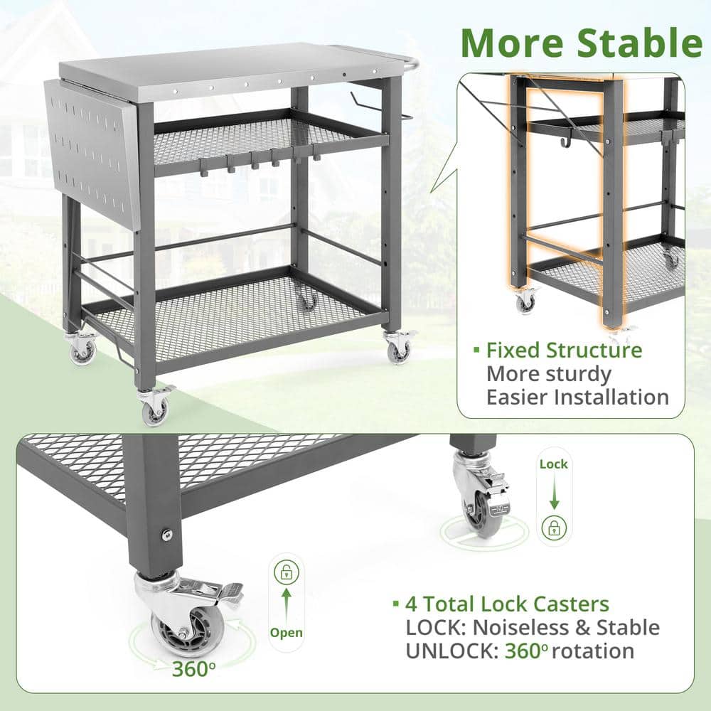 Gray Stainless Steel 3-Tier Foldable Outdoor Grill Cart