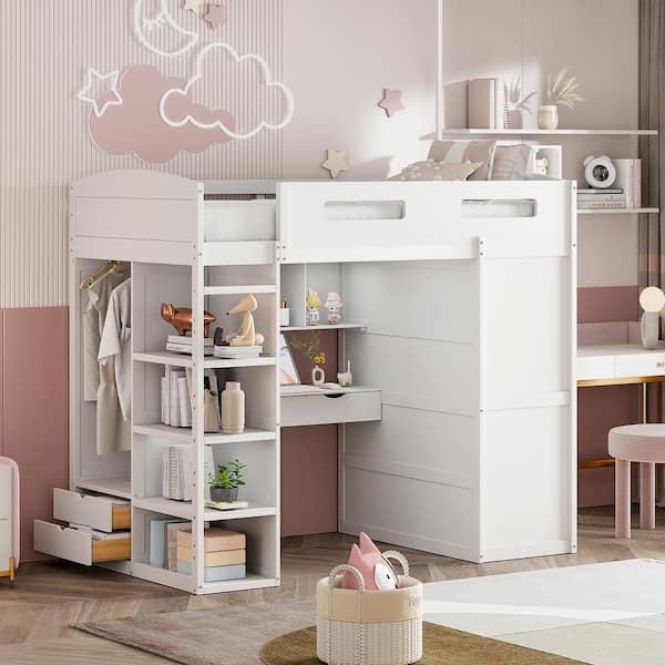 Nestfair White Twin Size Loft Bed with Wardrobes, Desk, 4 Drawers and 4 Shelves