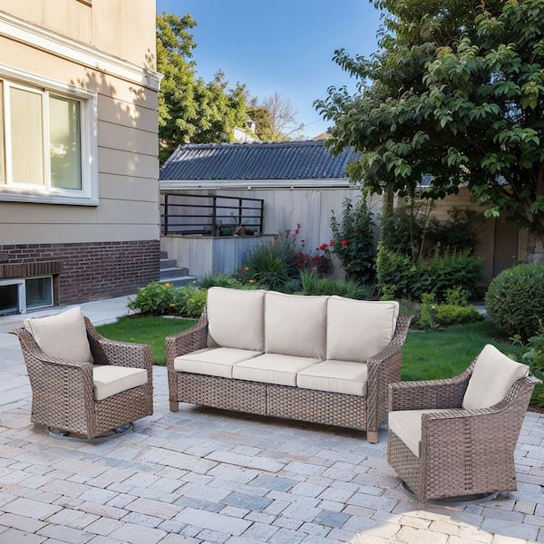 Opohoro SlideArm Brown 3-Piece Wicker Swivel Glider Patio Conversation Set, Sofa Seating Set with Olefin Beige Cushions
