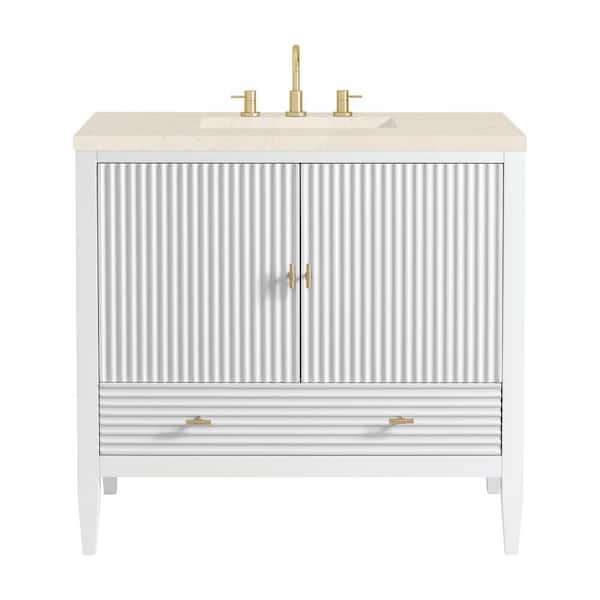 James Martin Vanities Myrrin 36.0 in. W x 23.5 in. D x 34.06 in. H Single Bathroom Vanity Bright White and Eternal Marfil Quartz Top