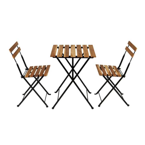 Tunearary 3-Piece Stripes Wood Outdoor Bistro Set Folding Table Chair with Blue Cushion Patio Seating