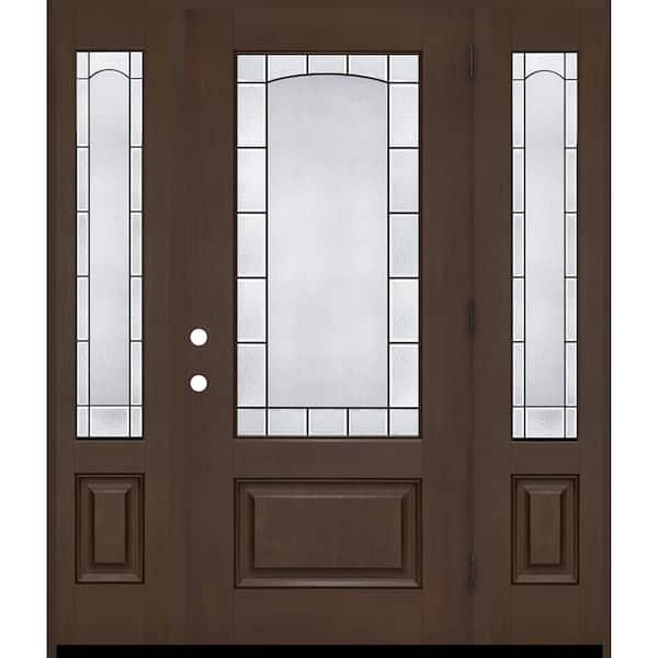 Regency 64 in. x 80 in. 3/4 Empire Decorative Glass LHOS Hickory Mahogany Fiberglass Prehung Front Door w/12inSLs 4-9/16