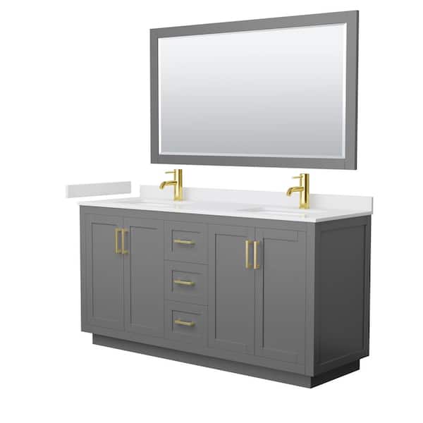 Wyndham Collection Miranda 66 in. W x 22 in. D x 33.75 in. H Double Sink Bath Vanity in Dark Gray with White Cultured Marble Top and Mirror