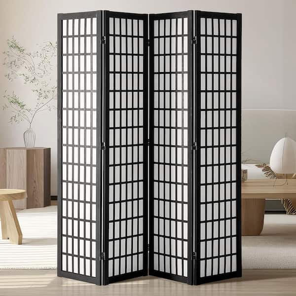 TUKTUK 70 in. Black Japanese-Style Shoji 4 Panel Folding Screen
