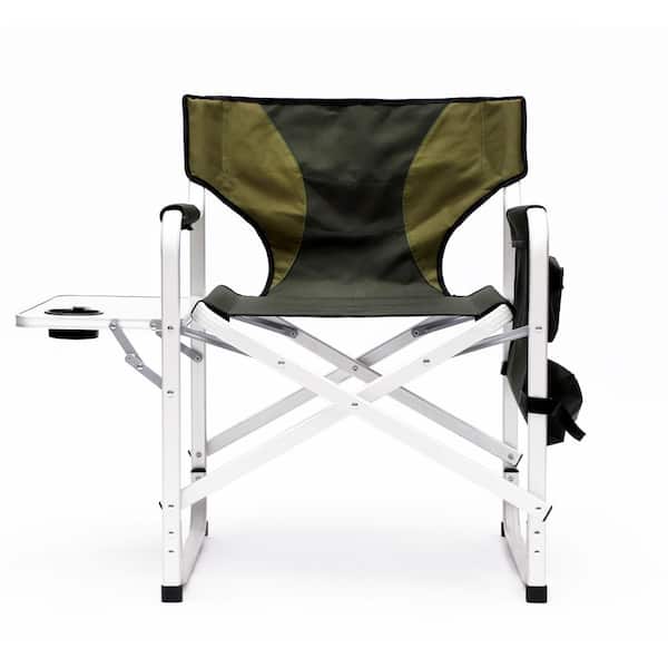 Zeus & Ruta Green Oversized Aluminum Folding Outdoor Lawn Chair with Side Table and Storage Pockets for Camping, Picnics, Indoor