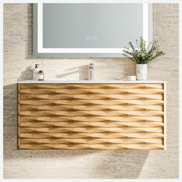 Eviva Oahu 44 in. Single Sink Floating Oak Bath Vanity with White Solid Surface Top (Assembled)