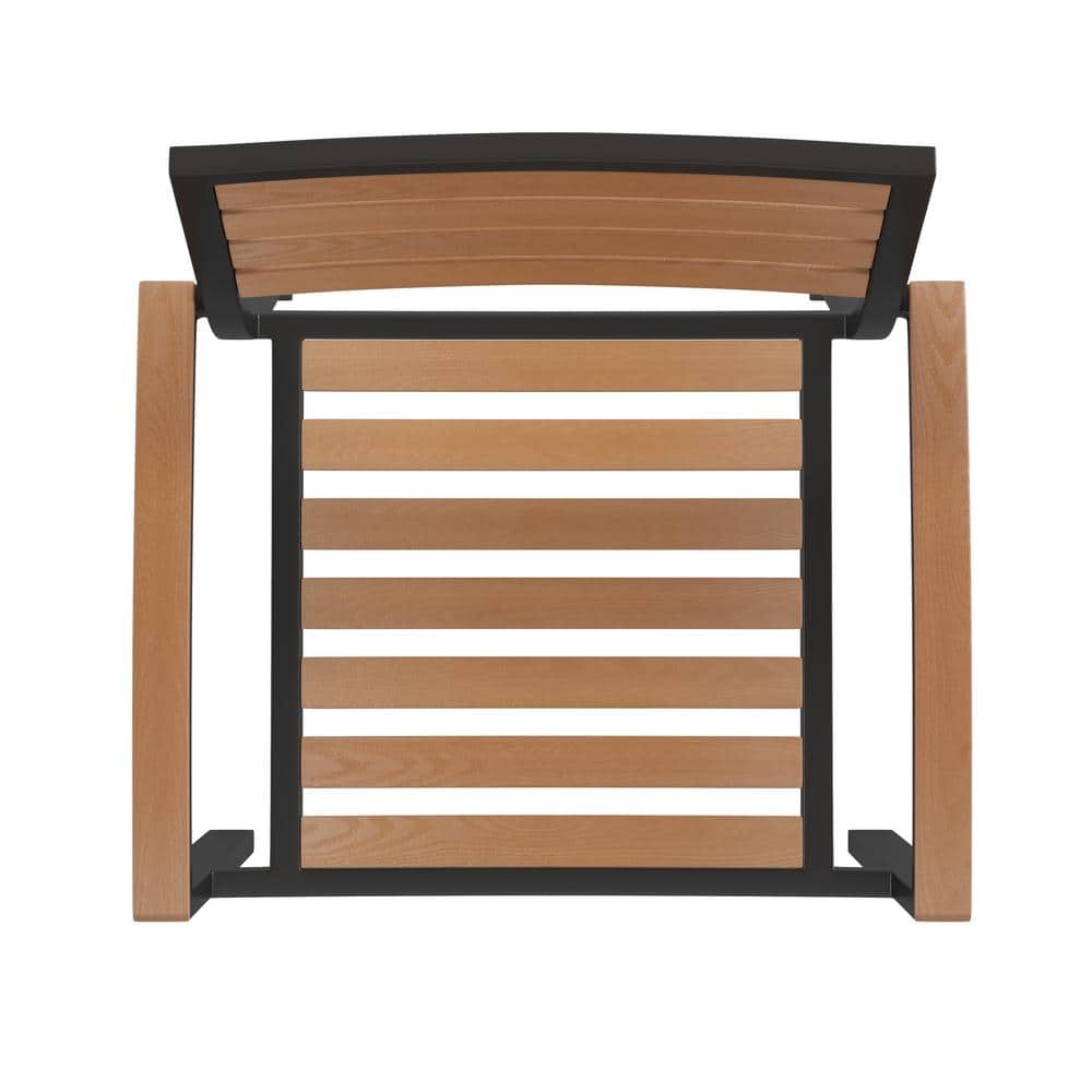 Black Metal and Faux Teak Outdoor Dining Armchair Set