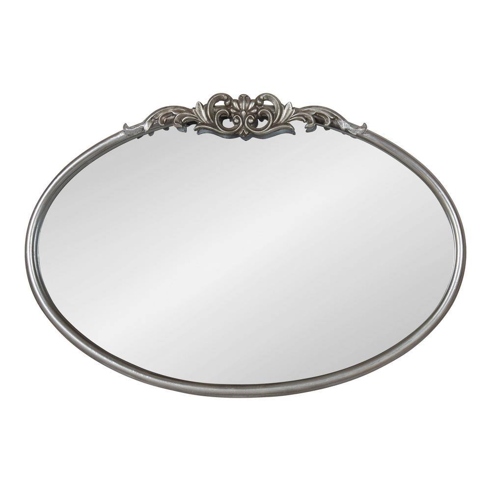 Oval Silver Wood Vanity Mirror with Intricate Metal Crown
