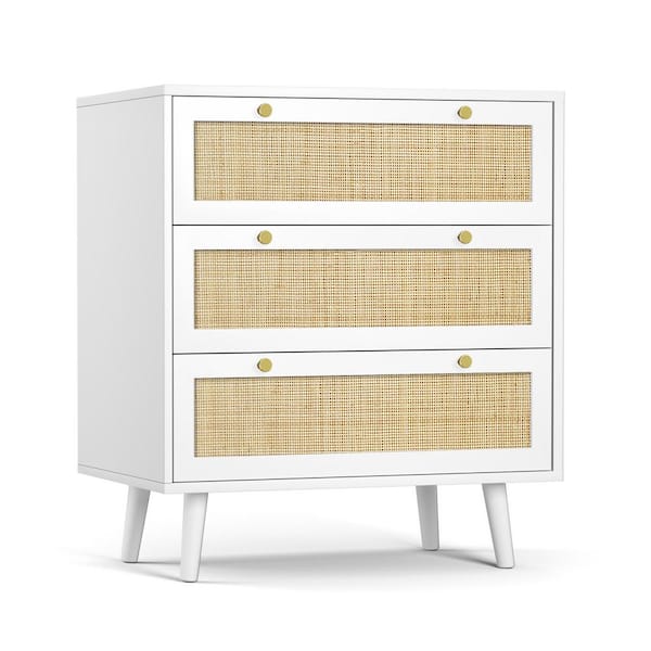 Aupodin 3-Drawer White Chest of Drawers with Pine Wood Legs Farmhouse Rattan Dresser 31.5 in. W x 36 in. H x 15.7 in. D