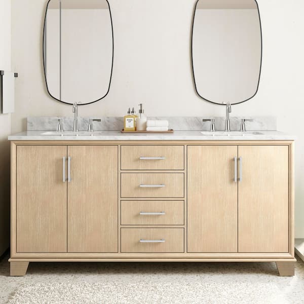 Nanterre 72 in. Double Sink Desert Birch Bath Vanity with White Natural Carrara Marble Top (Assembled)