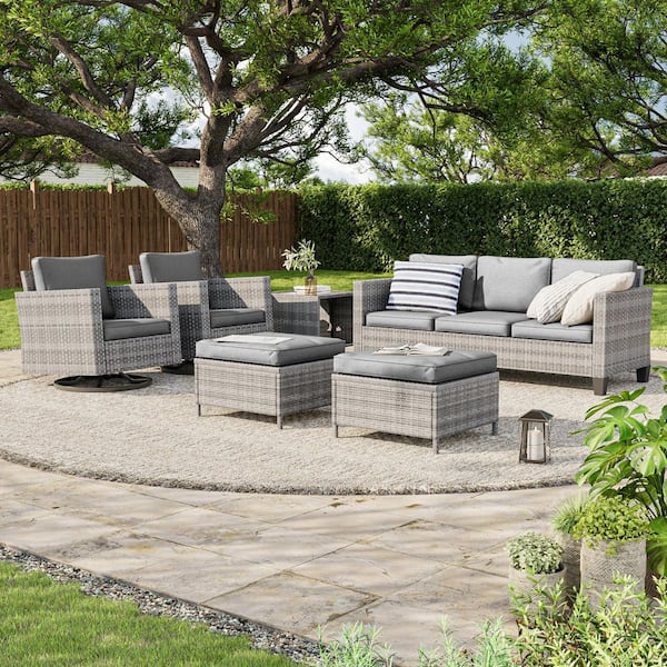 6-Piece Gray Wicker Outdoor Seating Sofa Set with Swivel Rocking Chairs, Gray Cushion