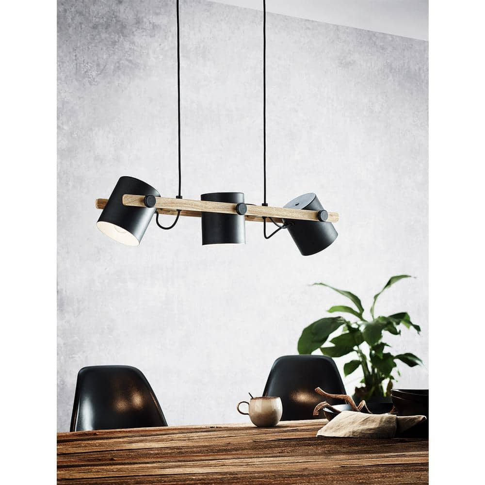 Hornwood 3-Light Matte Black and Natural Wood Pendant