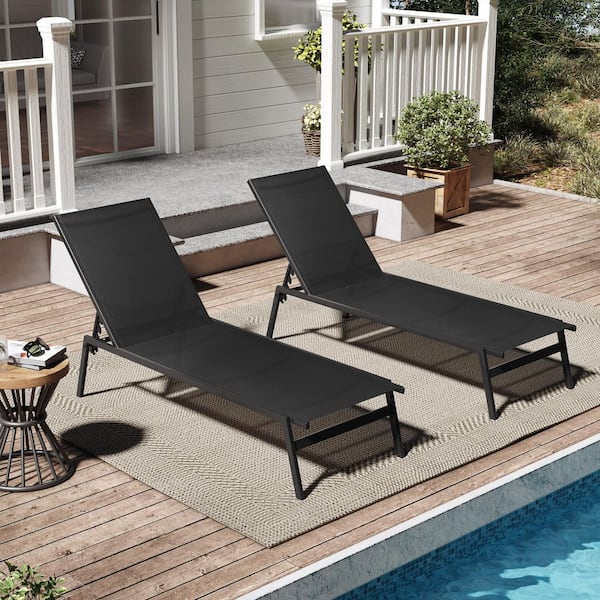 Metal Outdoor Patio Adjustable Chaise Lounge in Black with Textilene Fabric (2-Piece)