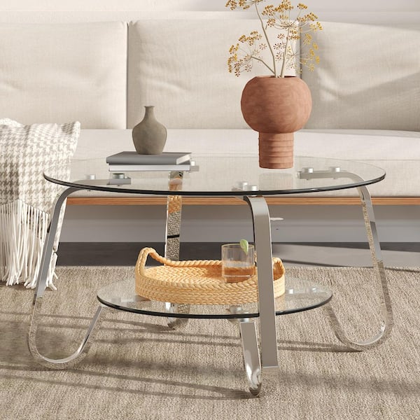 31.5 in. Round Clear Tempered Glass Coffee Table-Double Storage Space and Silver Metal Legs for Living Room