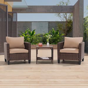 3-Piece Brown Wicker Patio Bistro Set Outdoor Single Sofa Set with Side Table for Outdoor Lawn, Sand Cushions