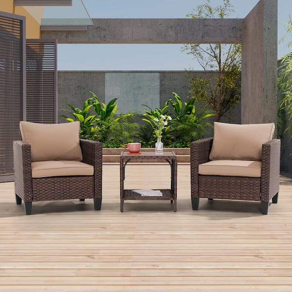 JOYESERY 3-Piece Brown Wicker Patio Bistro Set Outdoor Single Sofa Set with Side Table for Outdoor Lawn, Sand Cushions