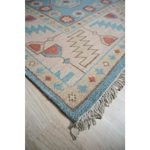Light Blue 9 ft. x 12 ft. Hand-Knotted Wool Classic Geometric Area Rug