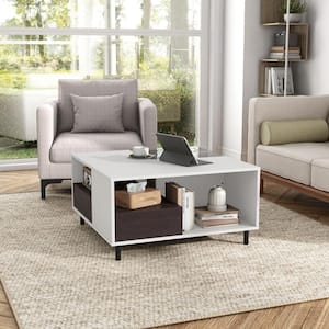 Valdes 31.5 in. White Square Glass Top Coffee Table With Drawer, Shelves And LED Lights