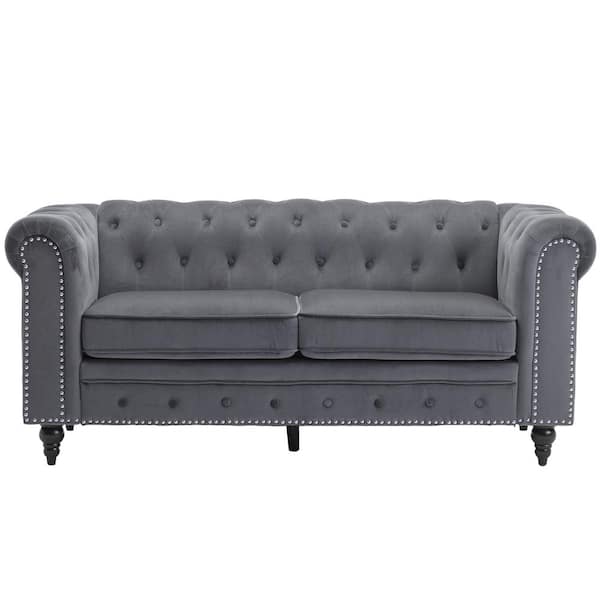 Uixe 72in Gray Tufted Polyester 2-Seater Loveseat with Nailheads
