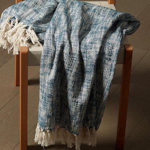 Norah Boho Blue 50 in. x 60 in. Chambray Woven Fringe Organic Cotton Throw Blanket