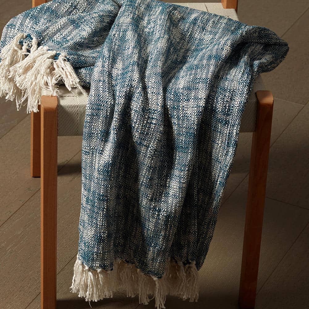 Norah Boho Blue 50 in. x 60 in. Chambray Woven Fringe All Natural Cotton Th