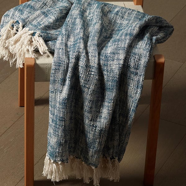 Unbranded Norah Boho Blue 50 in. x 60 in. Chambray Woven Fringe All Natural Cotton Throw Blanket