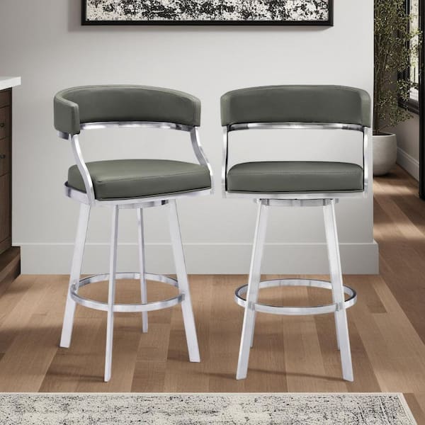 Saturn Contemporary 30 in. Bar Height Bar Stool in Brushed Stainless Steel and Grey Faux Leather