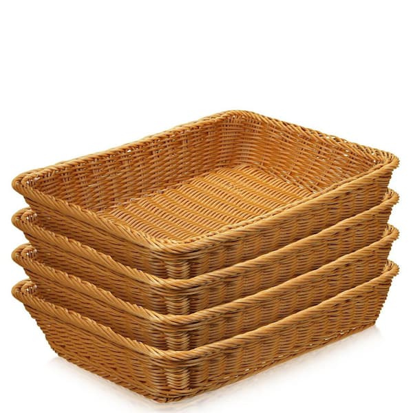 4-Pack Wicker Bread Baskets, Rectangle Rattan Display Trays for Bread Food Vegetables Fruit Snacks Restaurant Home