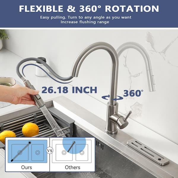 15.67 in. Single Handle 360° Spout Swivel Pull Out Sprayer Kitchen Faucet in Brushed Nickel