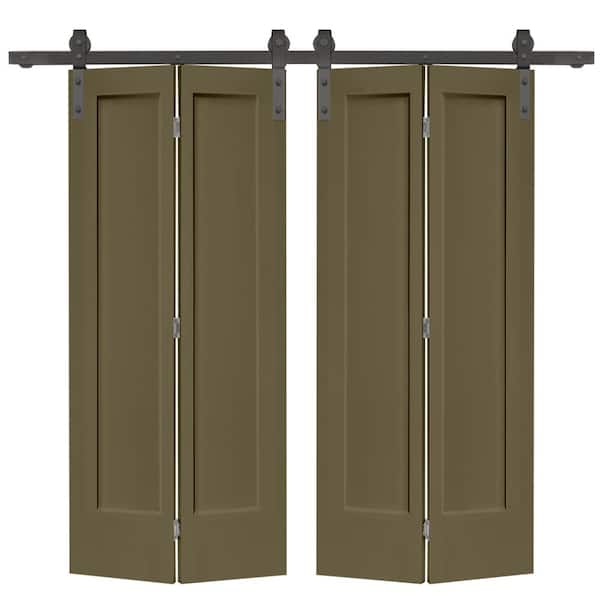 CALHOME 72 in. x 80 in. Hollow Core 1-Panel Olive Green MDF Composite Double Bi-Fold Barn Doors with Sliding Hardware Kit