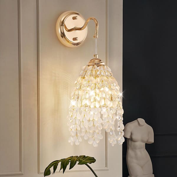 6 in. 1-Light Gold Wall Sconce with Crystal Grape-Shaped Bead String Shade (Set of 2)