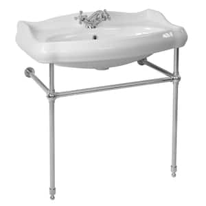 1837 Ceramic Console Bathroom Sink in White with Chrome Stand