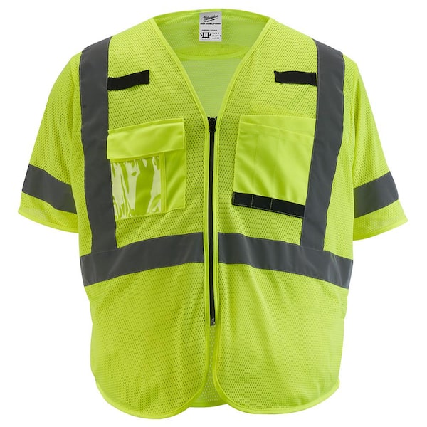 Milwaukee Large/X-Large Yellow Class 3 Mesh High Visibility Safety Vest with 9-Pockets and Sleeves