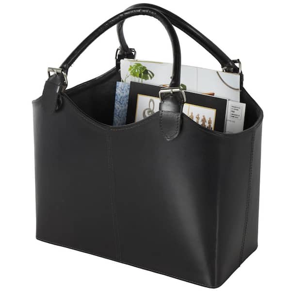 Black Handmade Box Style Standing Magazine Holder with Detail Stitching and Curved Buckle Handles