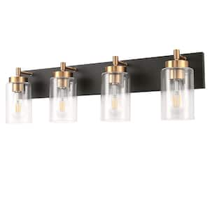 30 in. 4-Light Industrial Modern Black Bathroom Vanity Light with Clear Glass and Brass Socket for Powder Room, Kitchen