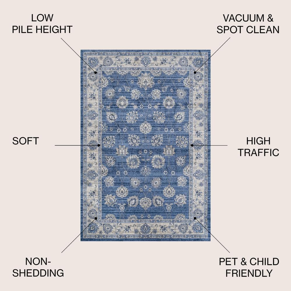 3' x 5' Blue and Ivory Floral Synthetic Rectangular Rug