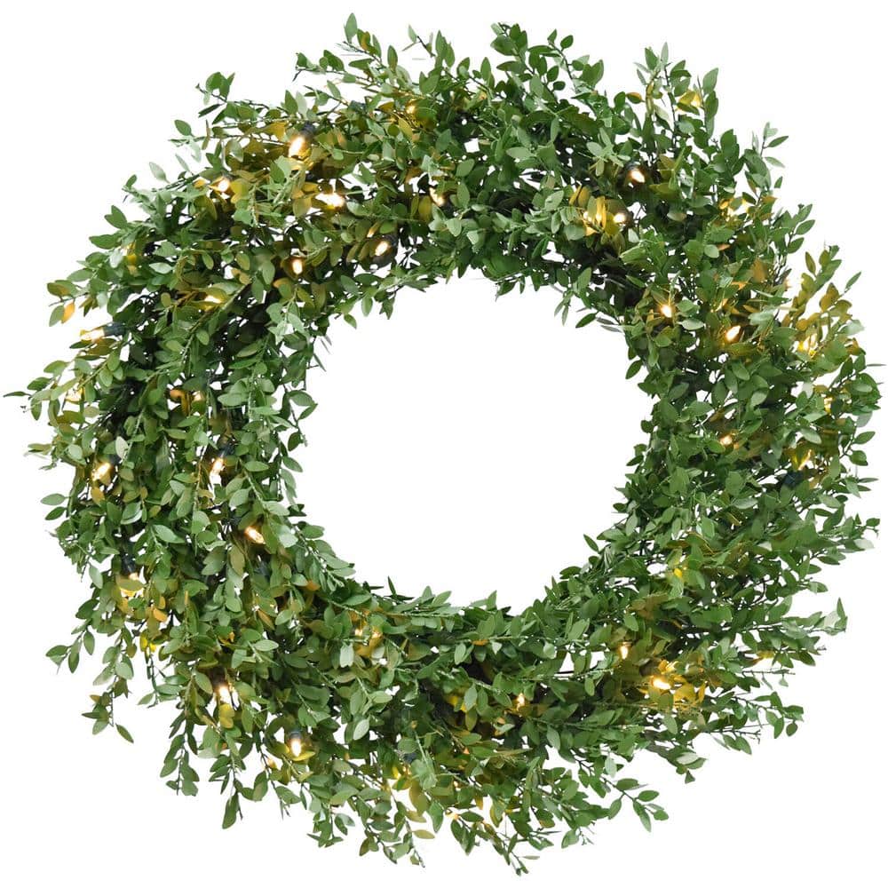 24 in. Boxwood Green Christmas Wreath with Warm White LED Lights, Christmas