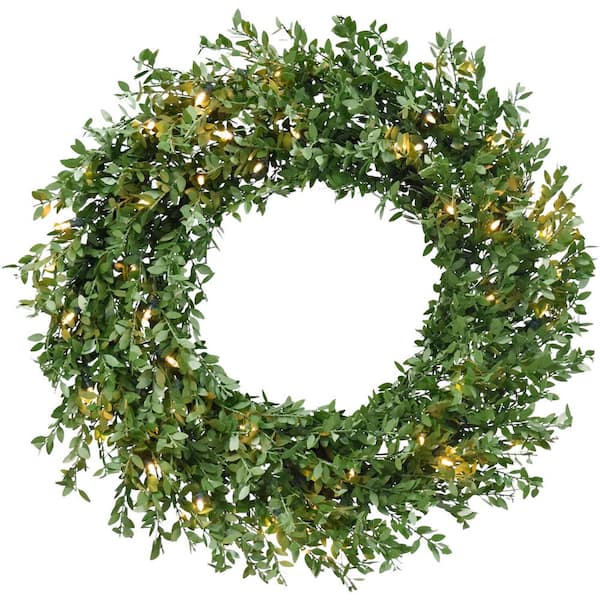 Fraser Hill Farm 24 in. Boxwood Green Christmas Wreath with Warm White LED Lights, Christmas Decor