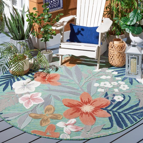Cabana Green/Rust 3 ft. x 3 ft. High-Low Floral Leaf Indoor/Outdoor Round Area Rug