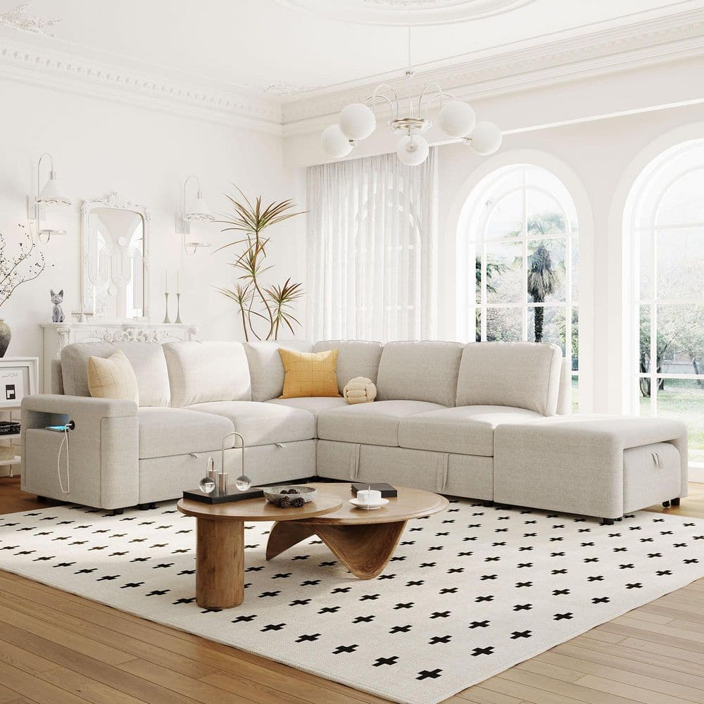 90.6 in. Square Arm Polyester Sectional Sofa with Storage Space, USB Ports, and Cup Holders on the Armrests in. Beige