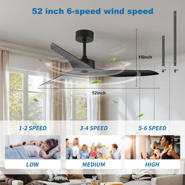 52 in. Modern Indoor Black Ceiling Fan with 3 ABS Blades, DC Motor and Remote Control
