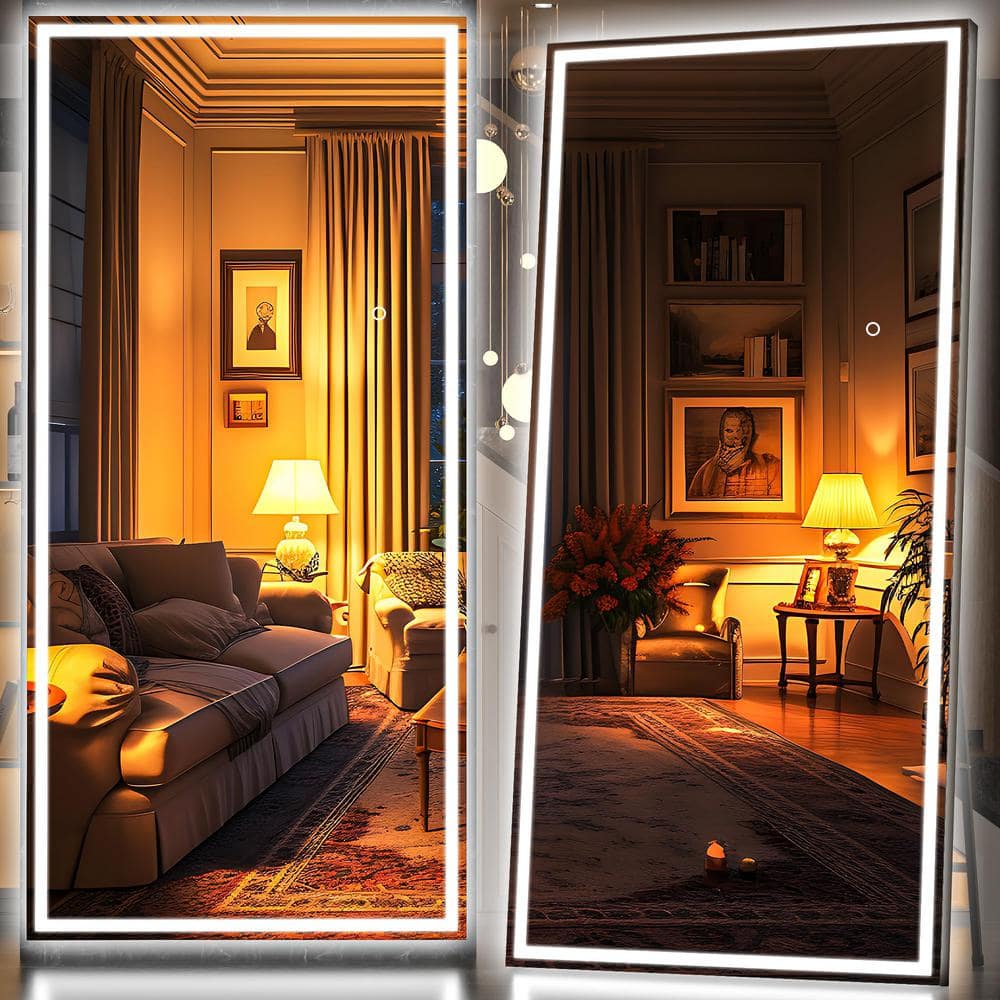 40 in. W x 95 in. H Square Black LED Lighted Floor Standing Mirror, Hanging