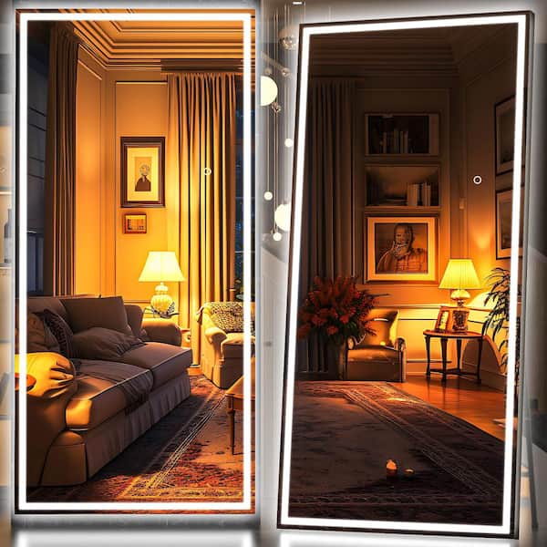 Hasipu 40 in. W x 95 in. H Square Black LED Lighted Floor Standing Mirror, Hanging Mounted Mirror, Dimmable, Tempered Glass