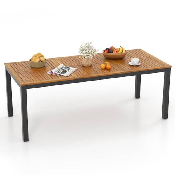 79 in. W Acacia Wood Patio Dining Table Rectangular Outdoor Table with with Umbrella Hole for Balcony, Deck or Porch
