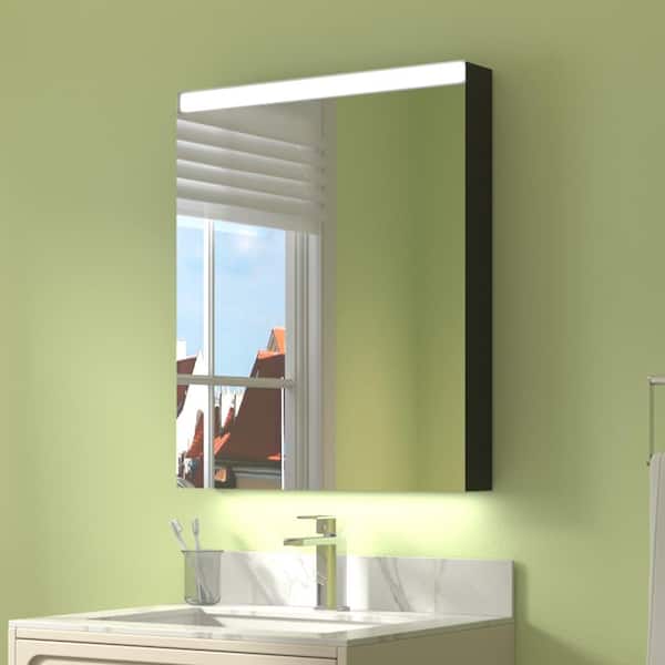 ExBrite 24 in. W x 30 in. H Rectangular Silver Aluminum Surface Mount Medicine Cabinet with Mirror, LED Light (Right)