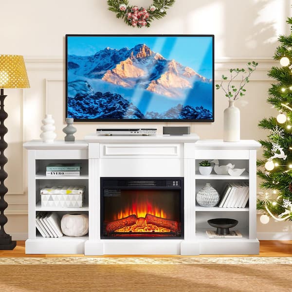 65 in. Freestanding Entertainment Console TV Stand with 23 in. Fireplace Insert, Sliding Door TV Cabinet, Antique brown