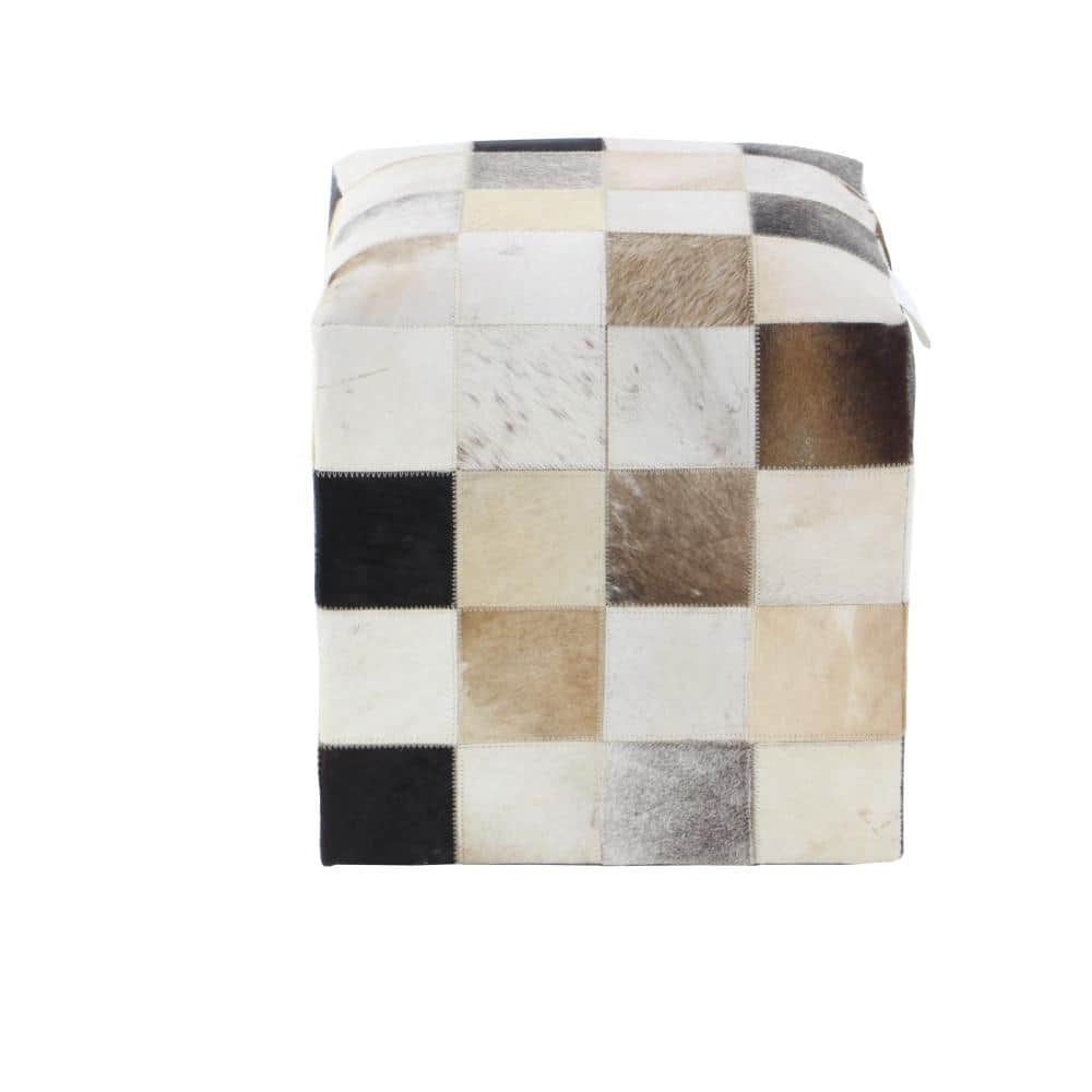 Contemporary Patchwork Leather Pouf Ottoman, Multi-Colored 16"x16"